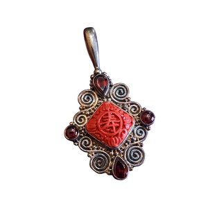 Vintage Signed Sajen 925 Sterling Carved Cinnabar Pendant (A2127)